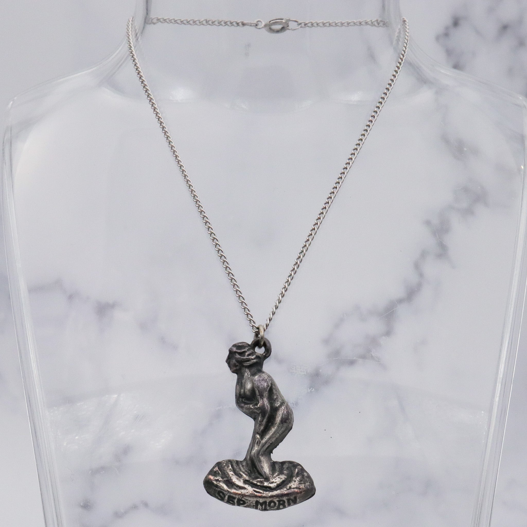 Rare Antique silver plated "September Mourn" statue charm pendant